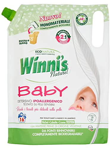 Winni's - Detersivo Lavatrice Baby Ipoallergenico in Ecoformato, Formula 2 in 1 con Ammorbidente Naturale, Adatto alle Pelli più Sensibili, con Materie Prime di Origine Vegetale, 800 ml