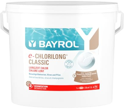 BAYROL e-Chlorilong® CLASSIC – langsamlösliche 200 g Chlortabletten zur Dauerdesinfektion - Aktivchlorgehalt 92 % - alle Filterarten - kalkfrei & pH-neutral - hygienisch reines Poolwasser - 10 kg