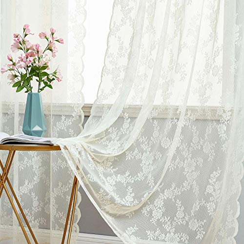 MIULEE Gardinen Spitze-Wunderschöne Beige Blumen Bestickte Spitzengardinen, 2er Set Transparent Vorhang Spitze Vintage, Voile Spitzenvorhänge mit Ösen für Wohnzimmer Schlafzimmer Dekor, 2X H245xB150cm