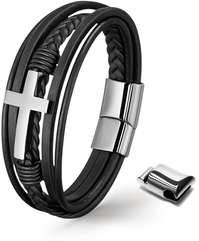 UNIQAL | Kreuz Lederarmband Herren „HEAVEN“ | Echtleder Armband mit Kreuz | Schwarzes Cross Bracelet | Magnetverschluss | Geschenk für Männer | Geschenkbox Inklusive