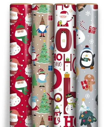 Pack of 4 x 4M Cute Christmas Santa and Friends Wrapping Paper roll -Perfect for Christmas, Festival and Festive Decoration