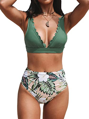CUPSHE Femme Bikini Set Ensemble Festonné Col V Maillot de Bain 2 Pièces Taille Haute Floral Froncé Ventre Contrôle Swimsuit Vert M