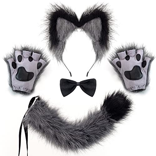Spooktacular Creations Wolf Fuchs Zubehör Set für Erwachsene mit Schwanz, Krawatte, Ohren und Handschuhen, Halloween Fancy Party Kostüm für Frauen