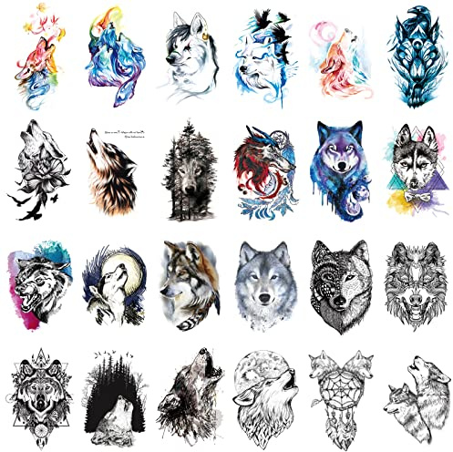 Gwolf 24 Blätter Wolf Tattoo Temporär, Persönlichkeit Wolf Tattoo Aufkleber Neue Umweltschutz Wasserdichte Blume Arm Tattoo Aufkleber Realistische 3D Tiermuster Tattoo Papier