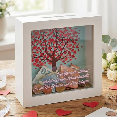 MIJOMA Spardose aus Holz mit Glasfront – dekorativer Sparrahmen für Geldgeschenke zu Hochzeit, Geburtstag, Reise & mehr – kreative Geldbox (Lebensbaum - weiß, 15 x 15 x 5 cm)