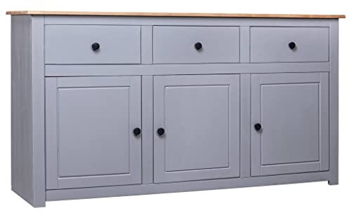 Hommdiy Sideboard Küchenschrank mit 3 Schubladen und 3 Türen 135 x 40 x 80 cm Buffetschrank Aufbewahrungsschrank Geschirrschrank Massivholz Panama-Kiefer Grau