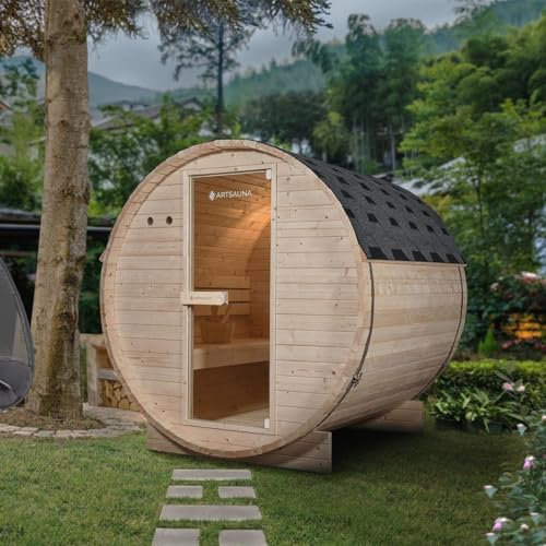 Luxus Outdoor Holz Fasssauna Saunafass Größe L 180x191 cm mit 6 KW Saunaofen für 4 Personen KOMPLETT Set mit Sauna Ofen Zubehör LED massiv Fichte