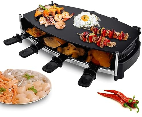 Syntrox Germany Raclette Emailliert Wallixa für 8 Personen mit Glas Keramik Platte, Tischgrill, Partygrill 1000Watt in schwarz, Raclette Grill, Grill Zubehör, Antihaftbeschichtet, 6 Kg