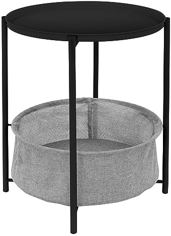 ML-Design Beistelltisch rund Ø46xH51 cm Schwarz, aus Metall, Couchtisch mit Stoffkorb & abnehmbarer Tablett, Sofatisch mit Korb als Stauraum, Modernes Design, Kleiner Tisch, Wohnzimmertisch Nachttisch