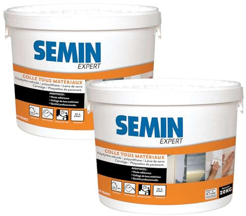 SEMIN Colle Tout Matériaux – 2 X 20 kg – Haute Adhérence Sans Solvant – Prête à l'Emploi – Intérieur/Extérieur – Polystyrène, Liège, Laine de Verre, Carrelage et Plaquettes de Parement