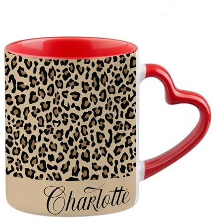 Getagift Personalised Cheetah Print Mug Custom Name, Leopard Print, Animal Print, Heart Handle Coffee, Tea Mug. (Red)