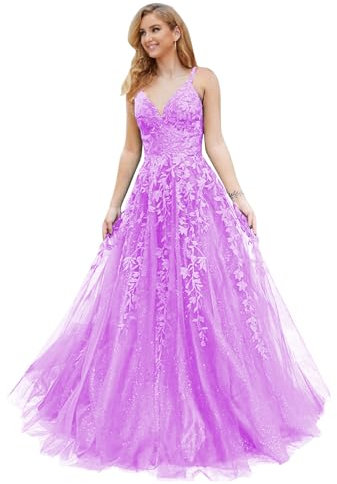 PEIYJYUSP Vestido largo de tul con purpurina, apliques de encaje, cuello en V, vestido de graduación para mujer, vestido formal de fiesta de noche, Lila, 8