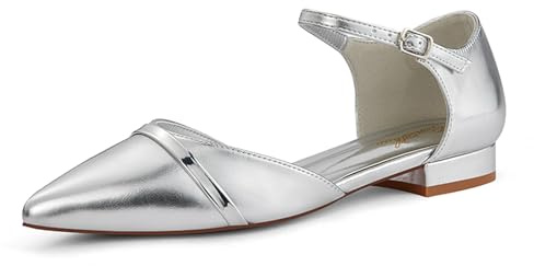 GENSHUO Zapatos Planos para Mujer - Zapatos de Vestir Casual con Punta Afilada y Tacón Bajo, Plateado, 38.5 EU