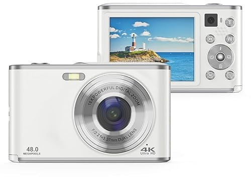 16X Digital Zoom Camera for Travel Photography, 2.4 Inch 44MP 4K Ultra HD Dual Lens Camera, Shock Proof Compact Digital Camera for Travel Graduation for Adults and Teens (White)