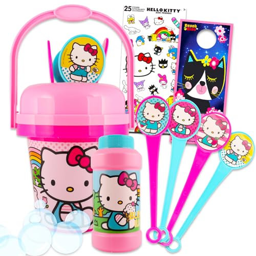 Hello Kitty Bubble Wand Set for Girls - Bundle with No Spill Hello Kitty Bubble Bucket with Bubble Wand and Bubbles Plus Stickers, More | Hello Kitty Outdoor Toys