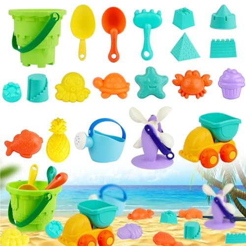 Powmag Sandspielzeug Set, 20 Stück Sandkasten Spielzeug für Kinder, Strandspielzeug Mädchen Junge, Strand Spielzeug ab 1 Jahr mit Sandformen, Strandbuggy, Eimer, Netzbeutel