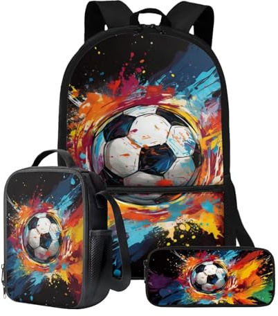 Poceacles Soccer Kids Backpack Set 3pcs Kids Backpack with Pencil Case and Portable Lunch Bag Casual Daypack for Elementary Primary Middle School Bookbag with Paint Spatter