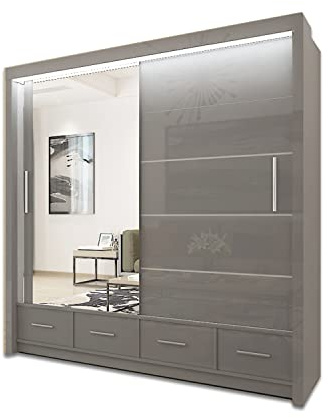 UK Sliding High Gloss Sliding Door Wardrobe with LED Light – Modern 2&3 Door Mirror Bedroom Wardrobe with Drawers, Hanging Rail, & Shelves for Bedroom Furniture (GREY, 208cm)