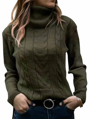 CheChury Jersey de Punto de Cuello Alto para Mujer Elegante Suéter Manga Larga Cómodo Elástico de Corte Patrón de Cable Jersey Cable Knitted Lana Casual Suéter Cuello Redondo Pullover