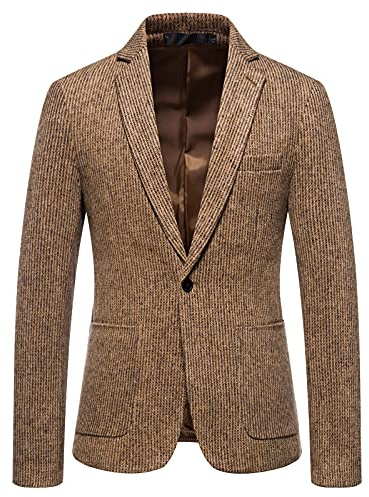 Tinarying Men's Casual Sports Coat Blazer Men's Stripe Single Braested Business Banquet Lapel Suit Bridegroom Wedding Top with Pockets (Khaki L)