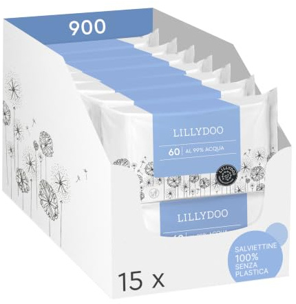 Toallitas húmedas para bebés LILLYDOO con un 99% de agua, 15 paquetes de 60 (900 unidades), 100% libres de plástico sin perfumes y tan suave como el algodón y el agua