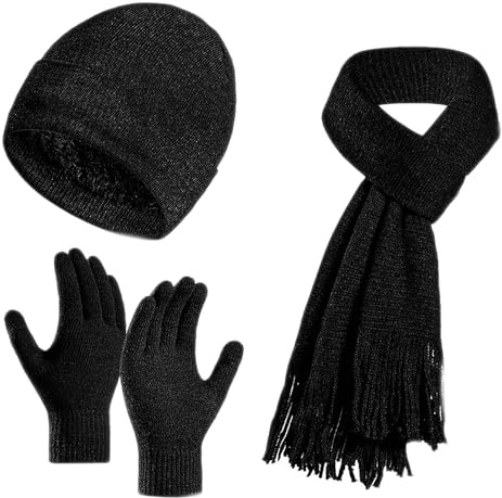 Enwokran Berretto Invernale Cappello Sciarpa Guanti Touch Screen Set, Termico Caldo Elastico Cappello Lavorato a Maglia Super Morbido Guanti Sciarpa Beanie Sportivi all'Aperto Set (Z_Nero)