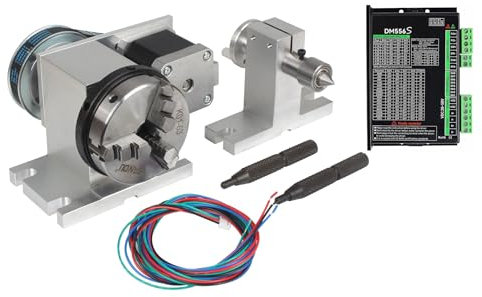 Mini-CNC-Fräser, Rotationsachse, 4. Achse, 65 mm, 3-Backen-Spannfutter, Drehtisch, Teilapparat, Untersetzungsverhältnis 4:1, mit 54 mm Reitstock mit Nema17-Schrittmotor DM556S-Antrieb für Fräs- und