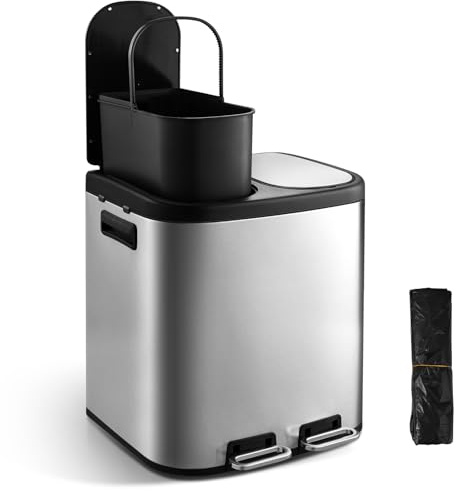 Warmiehomy Kitchen Bin Double Rubbish Bin with Inner Buckets 2 x 15L Recycling Bins Dual Compartment with Lid Soft Close Stainless Steel Pedal Waste Bin with Handle for Kitchen Living Room Bedroom