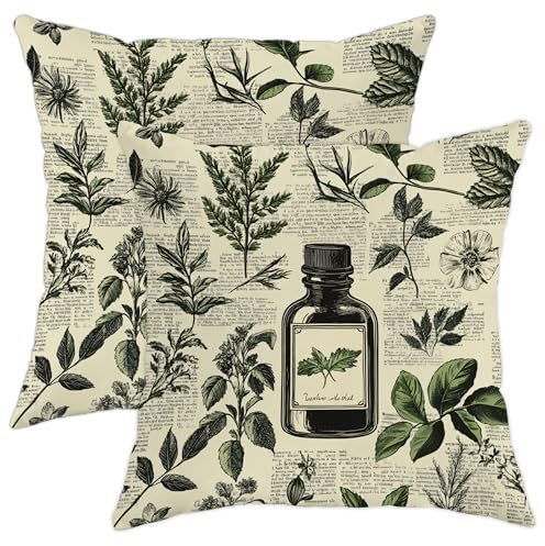 Herbal Pillow Covers Set of 2, Botanical Leaf Print Throw Pillows Case, Nature Decorative Square Farmhouse Decor Cushion Covers for Home Sofa Bed Couch 16x16 Inch
