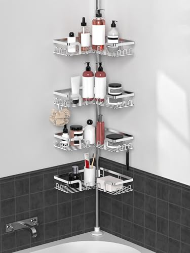 KEGII Telescopic Shower Caddy Corner - Silver Shower Shelf No Drilling Standing Bathroom Organiser Stainless Steel Bathroom Shelf with Hooks