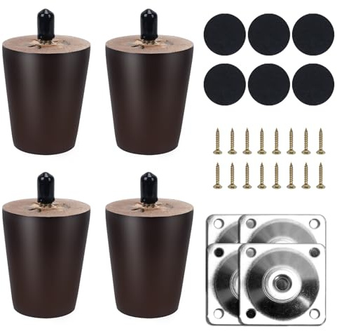 COEWUR 4 Pezzi Gambe per Mobili in Legno 6cm Noce Piedini per Mobili Massello con Piastra di Montaggio Feltrini Viti Piedini per Letto Divano Armadio Poltrona Tavolo