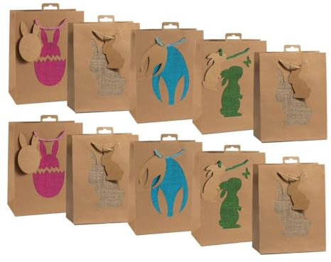 Laro Premium-Line Geschenktüten mit Henkel Large/Groß Ostern Kraftpapier Silhouette 10/20/40/100stk, Anzahl:10, Muster Tüten:Ostern Kraftpapier Silhouette