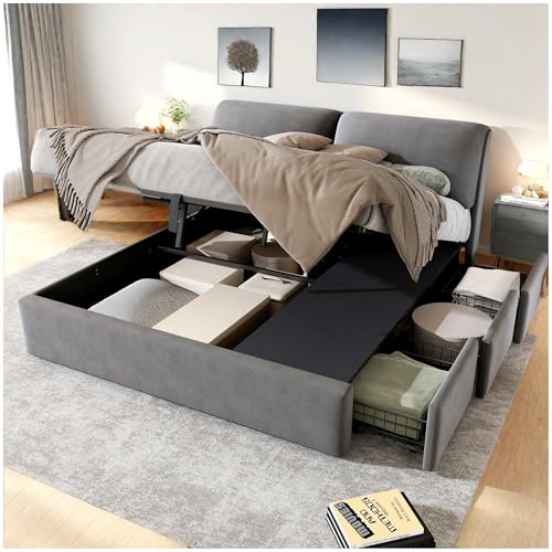 Wyibwy Letto matrimoniale imbottito,160x200cm,con testata,tre cassetti, contenitore idraulico,giroletto matrimoniale,cameretta completa,senza materasso,in velluto,grigio