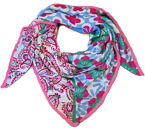 Zwillingsherz Dreieckstuch mit Paisley- und Blumenmuster, Pink-Blau-Grün, Fransen-Kante