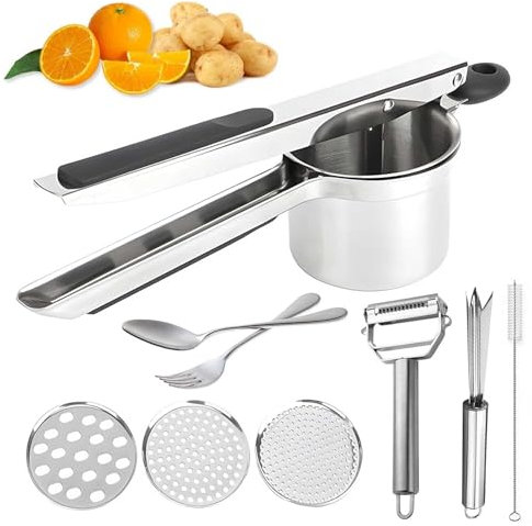 Large 15oz Potato Ricer, Stainless Steel Potato Masher and Ricer Kitchen Tool, Heavy Duty and Durable for Effortless Mashing - with Spoon and Fork Set