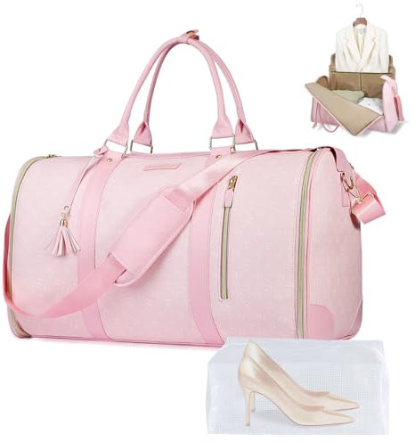CSUNNUFA Umwandelbarer Kleidersack für Reisen, Handgepäck, Seesäcke mit Schuhbeutel, Wochenendtasche für Damen, 2-in-1 Hängetasche, Anzug, Reisetaschen für Geschäftsreisen, Urlaub (Rosa)