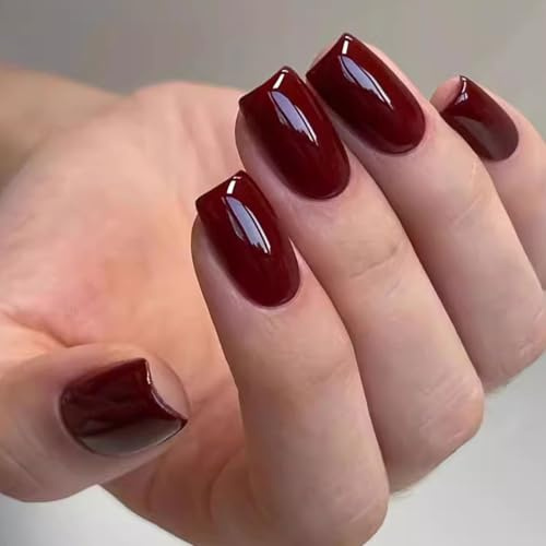 LunarCharm 24 pièces de faux ongles carrés rouges bordeaux à presser, avec des pads adhésifs en gel, ongles acryliques rouge foncé pour femmes, ongles courts naturels