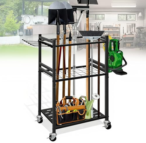Ysislybin Porta Attrezzi, Porta Attrezzi da Giardino con Ruota Universale 43 x 30 x 81,3 cm Porta Scope Nero con 6 Ganci Laterali Lunghi e 3 Ganci Portaoggetti per Garage Giardini Capannoni