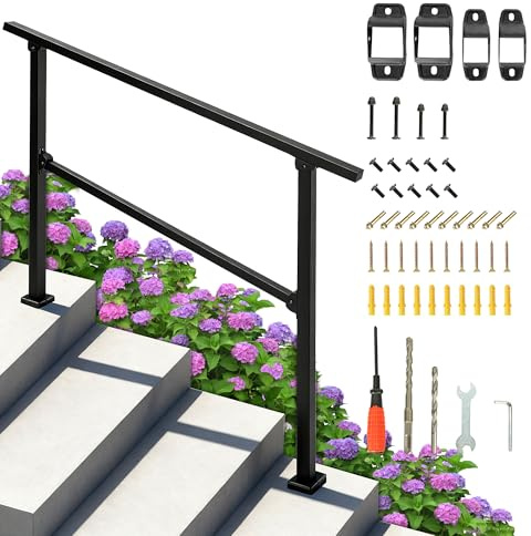 Outdoor Handrails for Steps, Steps Stair Railing Fit 3-4 Steps, Carbon Steel Support Rails with Installation Kit, Deck Hand Rail for Seniors, Concrete & Deck Stairs, Easy Installation(3-4 Steps)