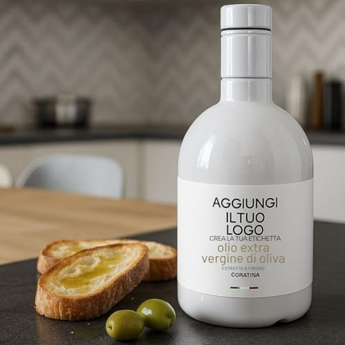 OTHERWISETRIVIAL Olio Extra Vergine di Oliva Coratina 100% Italiano, 24 Bottiglie da 500ml, Estratto a Freddo, Etichetta Personalizzabile con Logo, Vetro Bianco