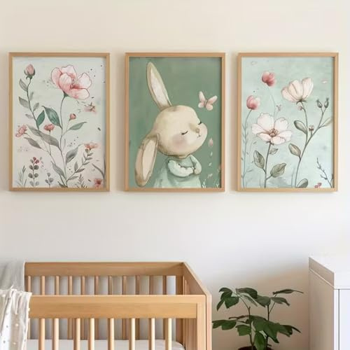 Ueiwffzo 3er Set Poster Bilder Kinderzimmer Hase und Blume Wandbilder Deko, Leinwand Bilder Wandposter Babyzimmer Deko Geschenk, Ohne Rahmen (30x40cm)