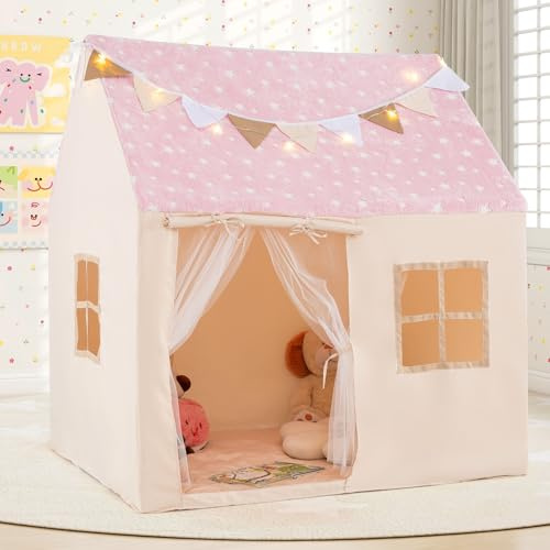 DREAMADE Spielzelt Kinder, Kinderzelt mit Sternenlichtern, Flaggen & gepolsterten Matte, großes Spielhaus mit Moskitonetz-Vorhängen & Fenstern, Kinderspielzelt für Kinder ab 3 Jahren (Rosa)