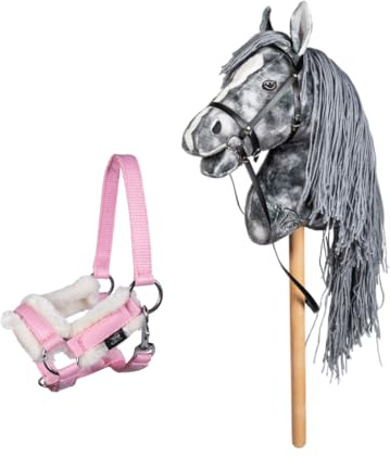 Holly & Claire HKM Hobby Horse Clara – Premium Steckenpferd grau-marmoriert inkl. Halfter & Führstrick Hochwertiges Spielpferd für Kinder | Schneller Versand (Rosa)