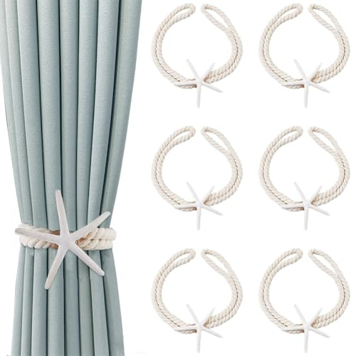 SUPERFINDINGS 6 fermatende per tende a forma di stella marina, 50,5 cm, fermatenda fatti a mano, in iuta e cotone, per tende pesanti, per soggiorno, camera da letto, spiaggia, finestre a tema