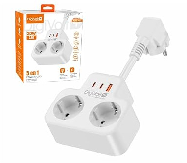 Alargador Regleta - con Entrada USB y Tipo-C Integrado - 5 en 1, Potencia máxima 3680 W, 16A - 2 Entradas de Enchufe, 2 Entradas Tipo-C y 1 Entrada USB