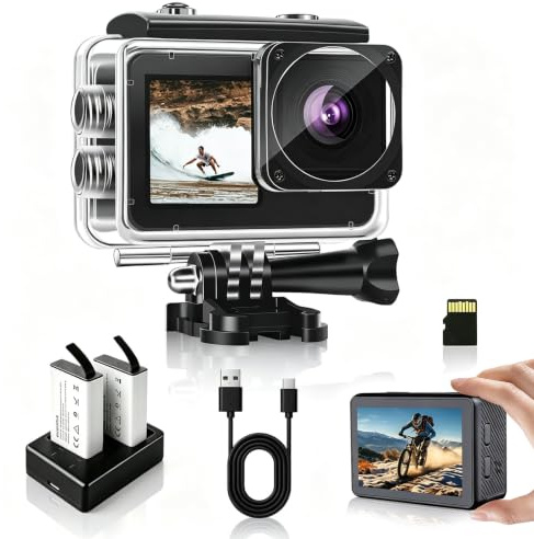 fceoul Action Camera 1080P FHD 16MP, 40M Waterproof Camera for Underwater & Sports with 2 & 1.3 Dual Colour Screens, Includes 32GB SD Card, 2x 1050mAh Batteries & Mounting Kit（Black）