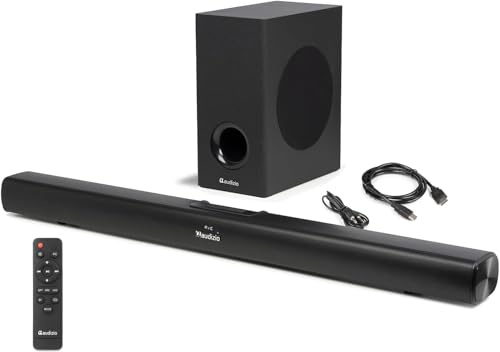 Audizio SB92WS - TV Bluetooth Soundbar mit Subwoofer Kabellos, 2.1 Heimkino Soundsystem 150W | Bluetooth 5.3 | HDMI ARC | Optisch | 90 cm Soundbar TV Lautsprecher für Fernseher, Fernbedienung, Schwarz | 150 W Soundbar mit kabellosem Subwoofer, HDMI ARC und Bluetooth 5.3