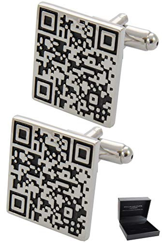 Manschettenknöpfe Herren Silber Farbe - Mit Box - QR Code | Langlebiges Messing - Silberne und Schwarze Farben - Barcode Scan App Einkaufen Quadratisch - Ein Paar