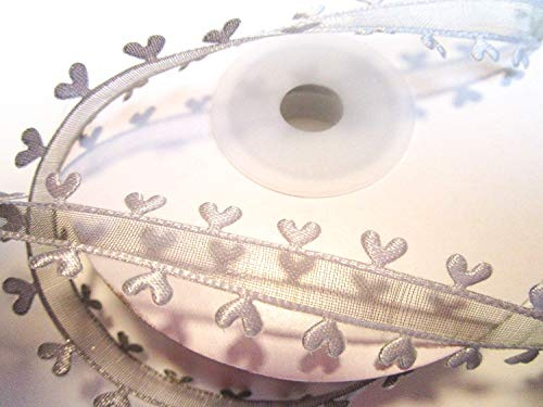 CaPiSo 10m Organza 15mm mit Herz Geschenkband Herzen Dekoband Herzband Organzaband Hochzeit Weihnachten (Silber)