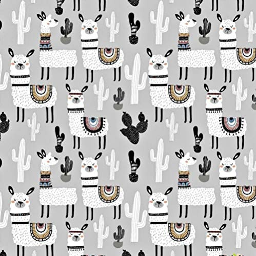 Pingianer 11,99€/m Lama 100% Baumwolle Baumwollstoff Kinder Meterware Handwerken Nähen Stoff (Hase Mond Herz Weiß) (Lama Kaktus Grau, 150x160cm (11,99€/m))